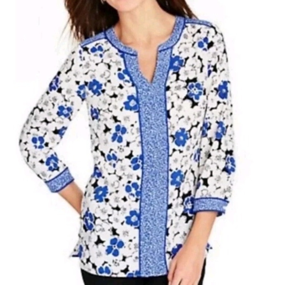 Talbots Blue Floral Blouse 3/4 Sleeve Top Petite Small P Classic Casual Chic